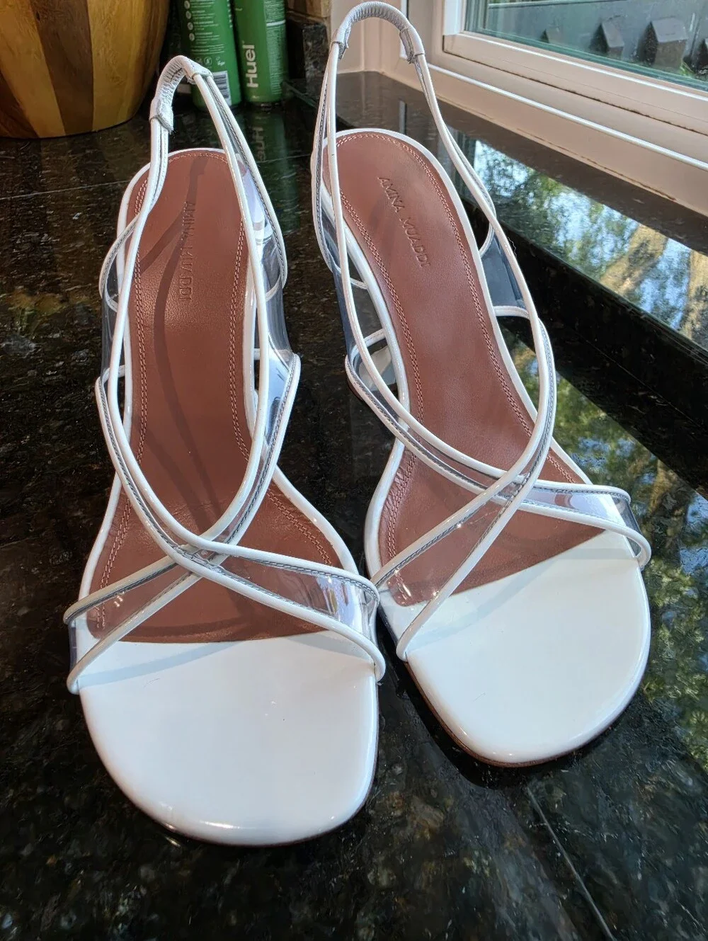 Amina Muaddi Lena Clear Leather Crisscross Slingback Sandals Sz EU39/US9